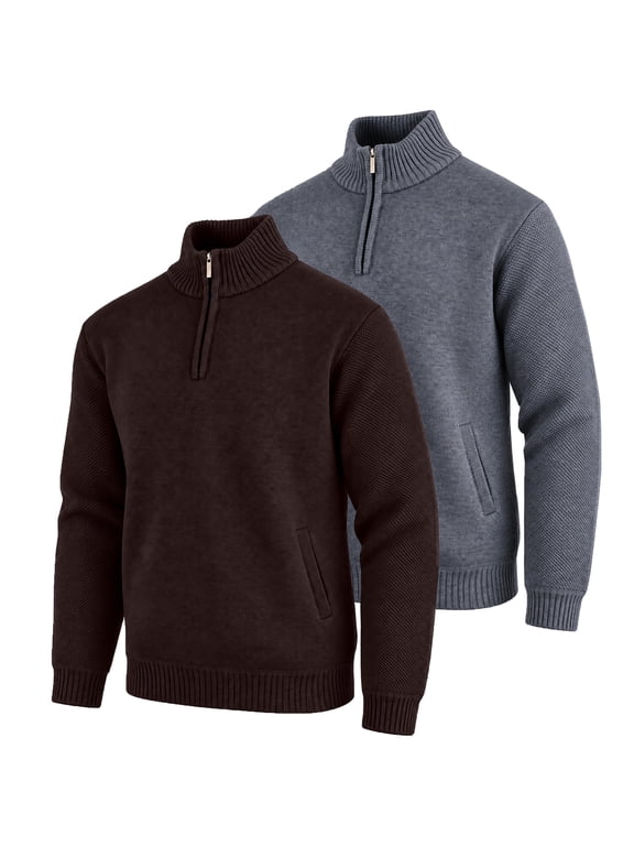 Men's 2-Pack Quarter Zip Knit Sweater Velour Fleece Lined Warm Casual Pullover (S-2XL)