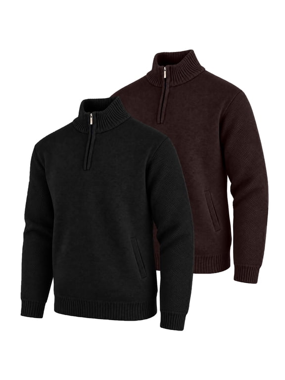 Men's 2-Pack Quarter Zip Knit Sweater Velour Fleece Lined Warm Casual Pullover (S-2XL)