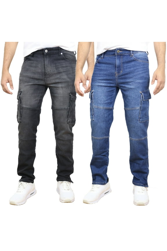 Men's 2-Pack Stretch Cargo Pocket Jeans - Classic Denim Look with Flexibility & Comfort (Sizes: 30-42)