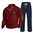 thumbnail image 1 of Men's 2 Pacs Fall Winter Sweatsuits Corduroy Henley Shirts Fashion V Neck Long Sleeve Stand Collar Casual Polo Tops Muscle Pullover Sweatshirts Loose Fit Cargo Sweatpants with Pockets, 1 of 6