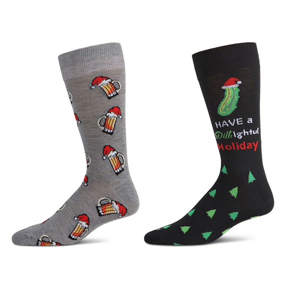 MeMoi 2 Pair Men's Rayon Blend "Holiday Cheer" Christmas Novelty Crew Socks - Mens - Male, 10-13, Gray-Black