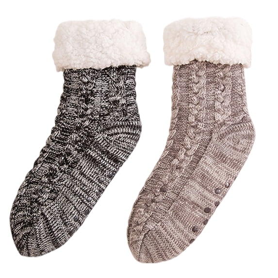Men's 2 Pair Pack Slipper Socks with Grips Non Slip Soft Fuzzy Cozy Fleece Lined Cable Knit Socks for Cold Winter