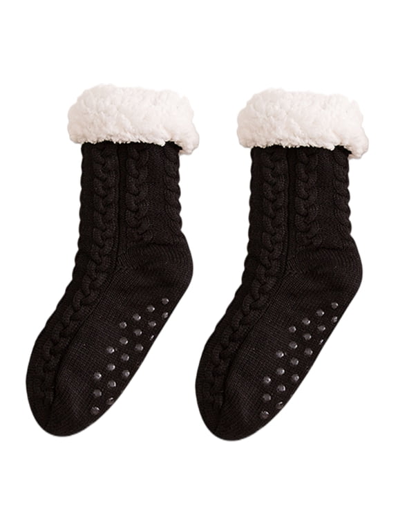 Men's 2 Pair Pack Slipper Socks with Grips Non Slip Soft Fuzzy Cozy Fleece Lined Cable Knit Socks for Cold Winter