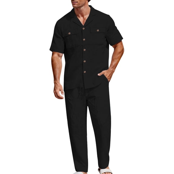 Men’s 2 Piece 100% Cotton Linen Outfit Summer Beach Short Sleeve Button Down Work Shirt and Pants Set Black