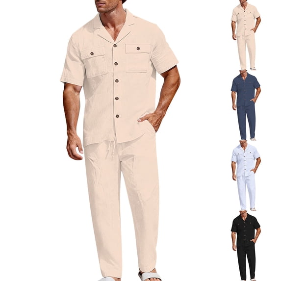 Men’s 2 Piece 100% Cotton Linen Outfit Summer Beach Short Sleeve Button Down Work Shirt and Pants Set Khaki