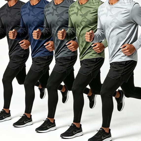 Men's 2 Piece Athletic Outfit Set, Camo Quick Dry Long Sleeve T-Shirt and 2 in 1 Running Pants, Workout Gym Training Sportswear Tracksuit