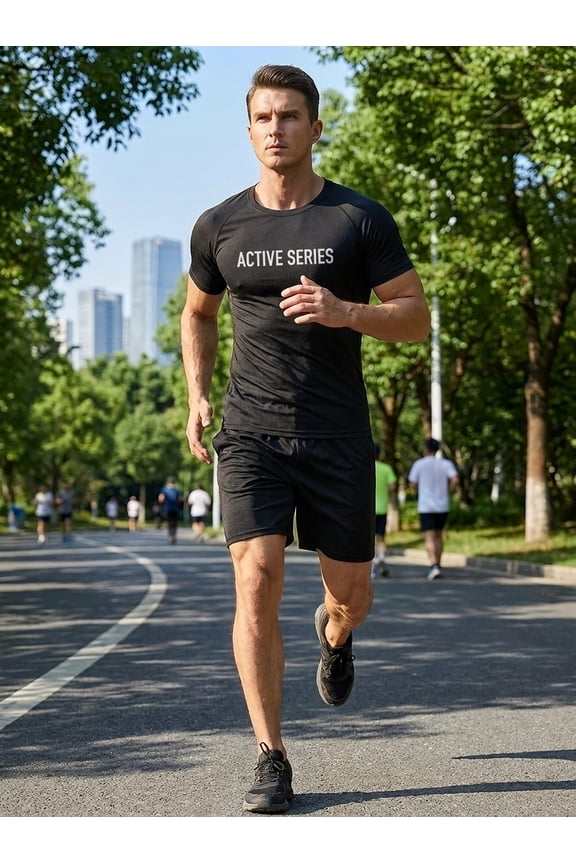Men's 2-Piece Athletic Set, Workout Shirt and Shorts Set with Pockets, Quick Dry Breathable Gym Activewear for Running, Training, Fitness, Basketball, Football, Outdoor Sports, Hiking, Jogging