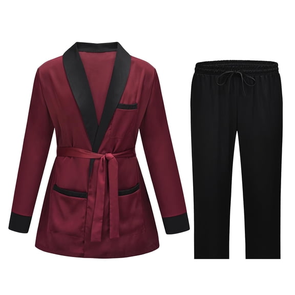 Men's 2-Piece Bathrobe Set - Summer Thin Long Sleeve Pajamas & Shorts, Burgundy, XXL