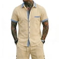 thumbnail image 1 of Men's 2 Piece Beach Outfit, Button Down Short Sleeve Shirt With Striped Trim And Drawstring Shorts Set, Lightweight Linen Style Casual Summer Vacation Suit,Khaki,L, 1 of 4