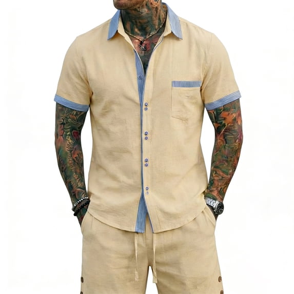 Men's 2 Piece Beach Outfit, Button Down Short Sleeve Shirt With Striped Trim And Drawstring Shorts Set, Lightweight Linen Style Casual Summer Vacation Suit,Khaki,XXXL