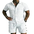 thumbnail image 1 of Men's 2 Piece Beach Outfit, Button Down Short Sleeve Shirt With Striped Trim And Drawstring Shorts Set, Lightweight Linen Style Casual Summer Vacation Suit,White,XXXL, 1 of 4