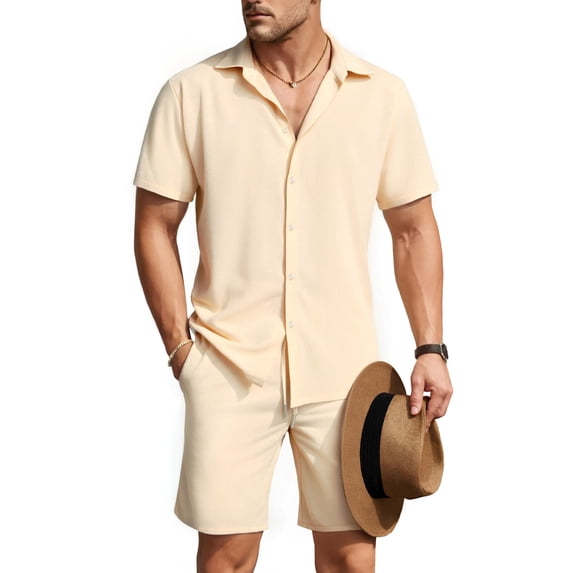 Men's 2-Piece Beige Summer Outfit - Casual Short Sleeve Button Down Shirt & Shorts Set for Beach & Vacation