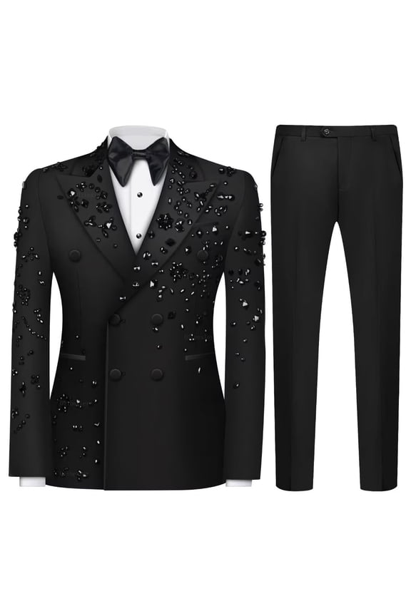 Men's 2 Piece Black Suits Double Breasted Beads Tuxedo Slim Fit Tux Blazer & Pants Set for Wedding Business Prom Suits