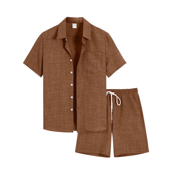 Men's 2 Piece Button Down Short Sleeve Shirt And Drawstring Shorts Set, Linen Textured Casual Summer Outfit With Chest Pocket, Lightweight Beach Wear For Vacation,Brown,XXL
