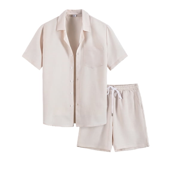 Men's 2 Piece Button Down Short Sleeve Shirt And Drawstring Shorts Set, Linen Textured Casual Summer Outfit With Chest Pocket, Lightweight Beach Wear For Vacation,Khaki,XL