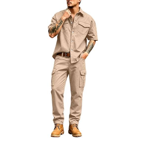 Men's 2 Piece Cargo Set Short Sleeve Button Down Shirt with Pockets and Casual Trousers Workwear Outfit