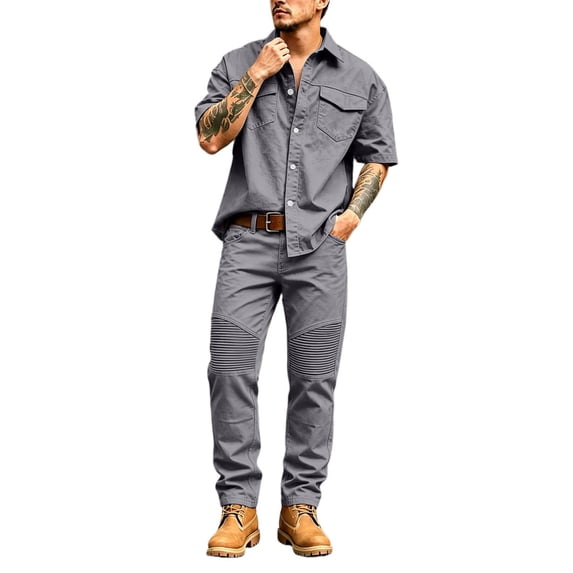 Men's 2 Piece Cargo Set Short Sleeve Button Down Shirt with Pockets and Casual Trousers Workwear Outfit