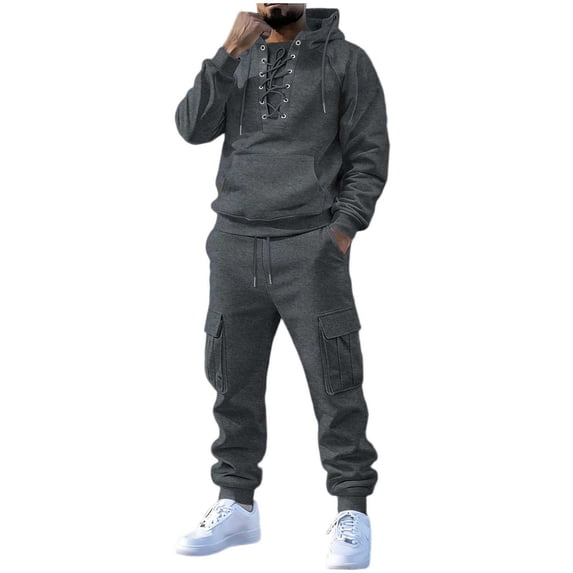 Men's 2 Piece Cargo Tracksuit, Long Sleeve Solid Lace up Hooded Pullover Sweatshirt & Multi‑Pocket Cargo Jogger Pants, Casual Streetwear Athletic Sweatsuit for Men