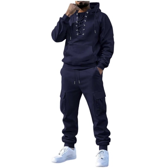 Men's 2 Piece Cargo Tracksuit, Long Sleeve Solid Lace up Hooded Pullover Sweatshirt & Multi‑Pocket Cargo Jogger Pants, Casual Streetwear Athletic Sweatsuit for Men