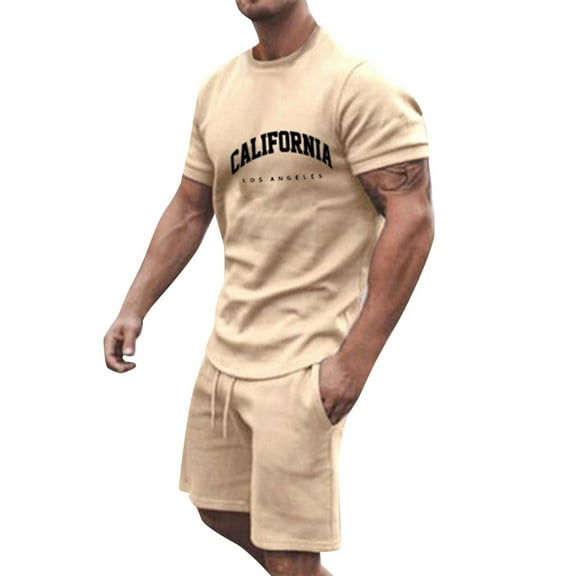 Men's 2 Piece Casual Letter Print Summer T Shirt Top Short Sleeved O Neck T Shirt And Shorts Suit