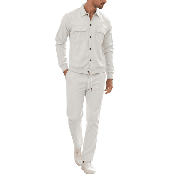 Men’s 2 Piece Casual Lounge Set, Long Sleeve Button Down Shirt and Drawstring Pants, Soft Breathable Fabric, Navy Blue Outfit