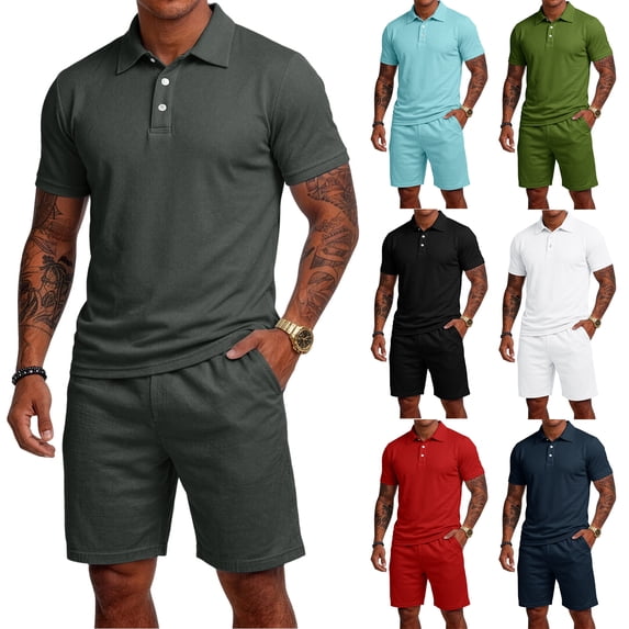 Men's 2 Piece Casual Outfits Short Sleeve Golf Tennis Shirt and Drawstring Shorts Dark Gray 2XL