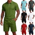 thumbnail image 1 of Men's 2 Piece Casual Outfits Short Sleeve Polo Shirt and Elastic Drawstring Shorts Set Breathable Loose Fit Sport Tracksuit Army Green L, 1 of 7