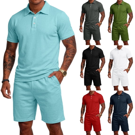 Men's 2 Piece Casual Outfits Short Sleeve Polo Shirt and Elastic Drawstring Shorts Set Breathable Loose Fit Sport Tracksuit Light Blue S