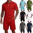 thumbnail image 1 of Men's 2 Piece Casual Outfits Short Sleeve Polo Shirt and Elastic Drawstring Shorts Set Breathable Loose Fit Sport Tracksuit Red M, 1 of 7