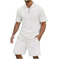 thumbnail image 1 of Men's 2 Piece Casual Outfits, Short Sleeve Shirt and Drawstring Waist Shorts Set Summer Vacation Textured Sets with Pockets Linen Pant Sets Women 2 Piece Outfits White 3XL, 1 of 5
