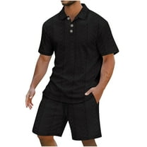 Men's 2 Piece Casual Outfits, Short Sleeve Shirt and Drawstring Waist Shorts Set Summer Vacation Textured Sets with Pockets Sweat Suits for Womens 2 Piece Joggers Black 3XL