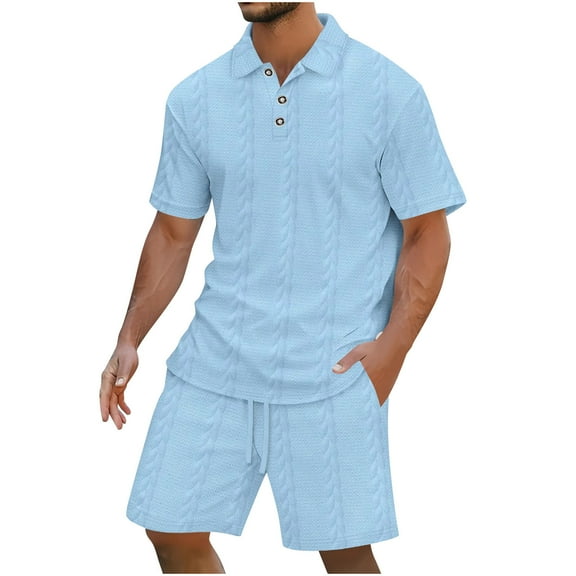 Men's 2 Piece Casual Outfits, Short Sleeve Shirt and Drawstring Waist Shorts Set Summer Vacation Textured Sets with Pockets Vacation Outfits Sky Blue S