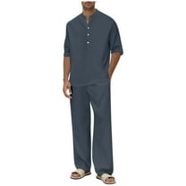 Men's 2-Piece Cotton Linen Set - Long Sleeve Henley Shirt & Beach Pants with Pockets | Fall/Winter Casual & Summer Yoga Outfits