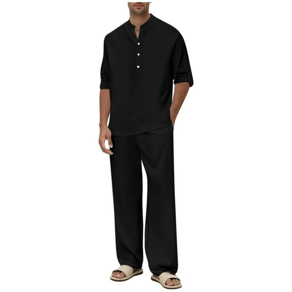 Men's 2-Piece Cotton Linen Set - Long Sleeve Henley Shirt & Beach Pants with Pockets | Fall/Winter Casual & Summer Yoga Outfits