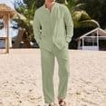 thumbnail image 1 of Men's 2 Piece Cotton Linen Sets Casual Long Sleeve Henley Shirts Yoga Pants Set Beach Cuban Outfits Green XL, 1 of 7