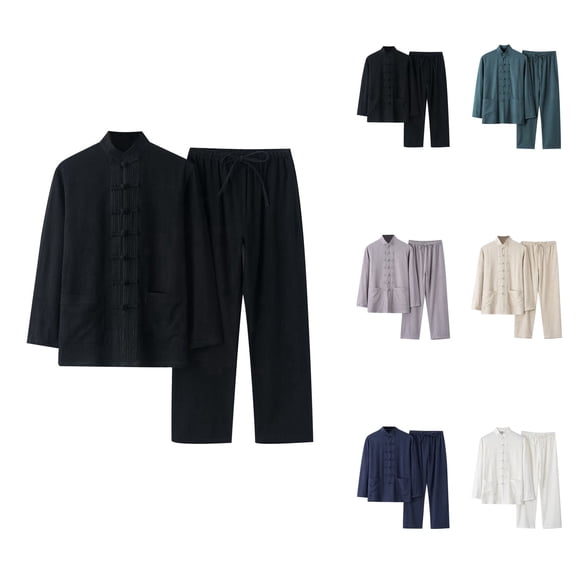 Men's 2 Piece Cotton and Linen Set, Casual Long Sleeve Shirt and Loose Pants, Beach Vacation Outfits