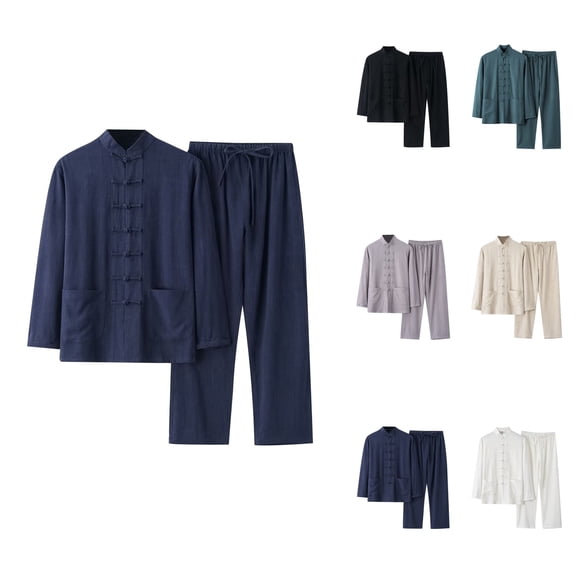 Men's 2 Piece Cotton and Linen Set, Casual Long Sleeve Shirt and Loose Pants, Beach Vacation Outfits