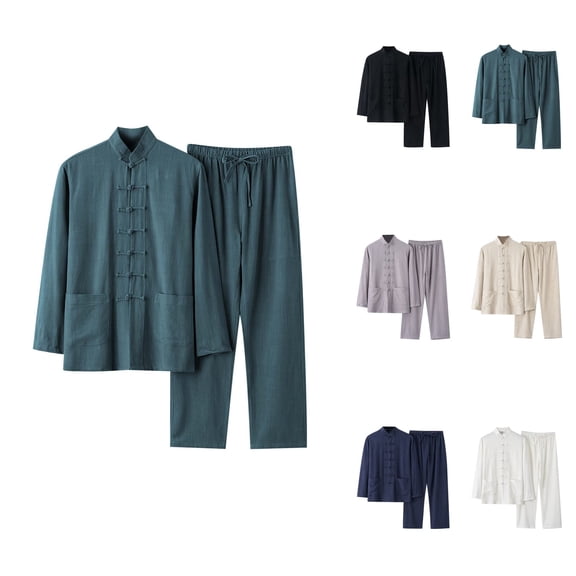 Men's 2 Piece Cotton and Linen Set, Casual Long Sleeve Shirt and Loose Pants, Beach Vacation Outfits