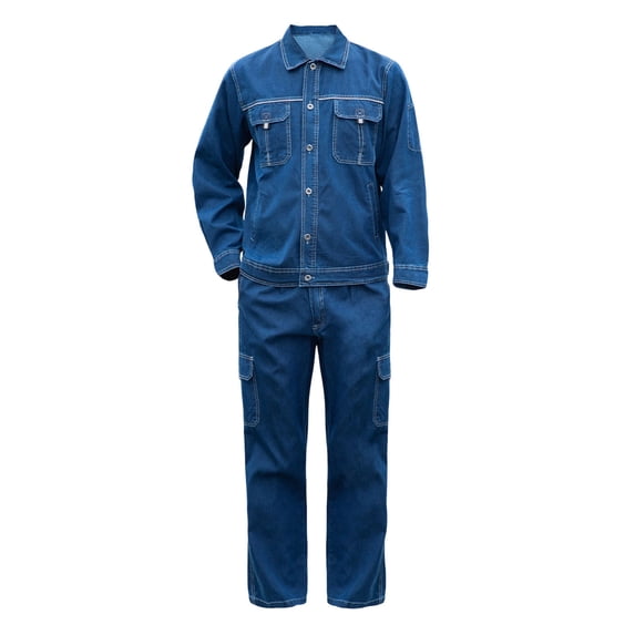 Men's 2 Piece Denim Workwear Suit, Combed Cotton Long Sleeve Button Down Jean Shirt & Work Pants, Flame Resistant Stain Proof Labor Uniform for Welder Electrician Factory Work
