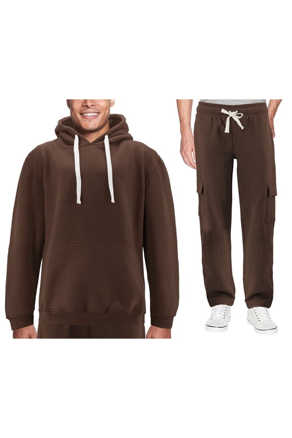 Men's 2 Piece Fleece Sports Gym Running Athletic Jogging Track Sweat Suit Set (Brown, 5XL)