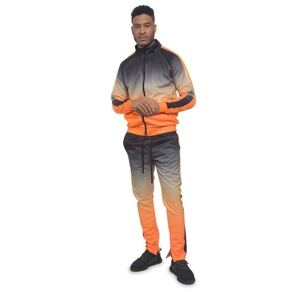 Men's 2 Piece Full Zip Jacket Sweatpants Ombre Gradient Colored Track Suit Set ST579 - Neon Orange - X-Large