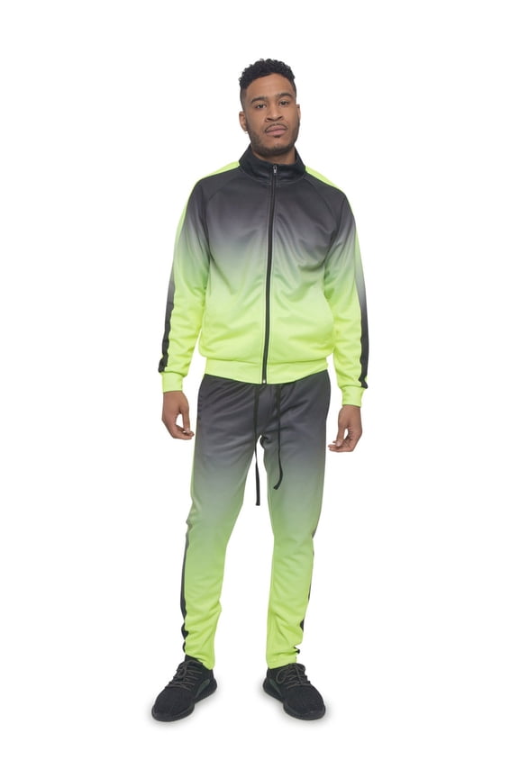 Men's 2 Piece Full Zip Jacket Sweatpants Ombre Gradient Colored Track Suit Set ST579 - Neon Yellow - Medium