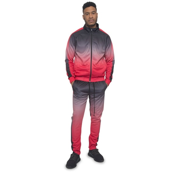 Men's 2 Piece Full Zip Jacket Sweatpants Ombre Gradient Colored Track Suit Set ST579 - Red - X-Large