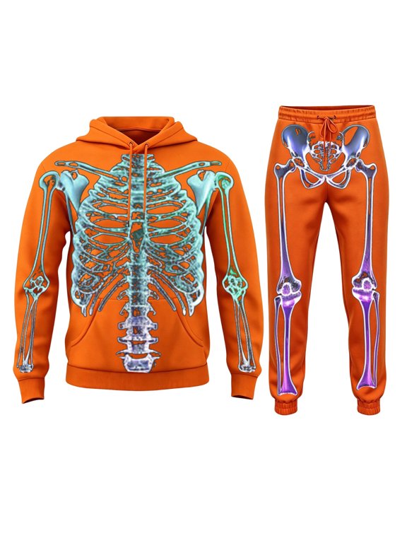 Men's 2 Piece Halloween Hoodie Set Skeleton Ribcage Bone Print Hooded Sweatshirt and Pants Matching Outfit