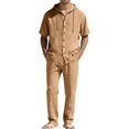 thumbnail image 1 of Men's 2 Piece Hooded Short Sleeve Shirt And Long Pants Set, Lightweight Linen Style Casual Summer Outfit For Vacation, Daily Wear And Outdoor Loungewear,Earthy Yellow,M, 1 of 3