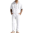 thumbnail image 1 of Men's 2 Piece Hooded Short Sleeve Shirt And Long Pants Set, Lightweight Linen Style Casual Summer Outfit For Vacation, Daily Wear And Outdoor Loungewear,White,L, 1 of 3