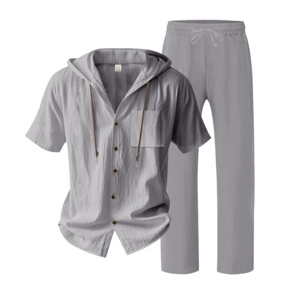 Men's 2 Piece Hooded Short Sleeve Shirt And Long Pants Set, Linen Textured Casual Outfit With Chest Pocket, Breathable Summer Beach Wear For Vacation And Loungewear,Dark Gray,L
