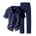 thumbnail image 1 of Men's 2 Piece Hooded Short Sleeve Shirt And Long Pants Set, Linen Textured Casual Outfit With Chest Pocket, Breathable Summer Beach Wear For Vacation And Loungewear,Navy,L, 1 of 6