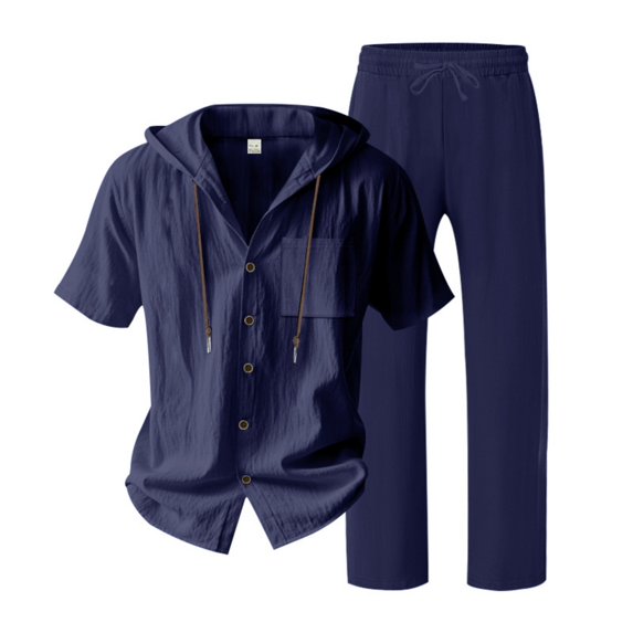 Men's 2 Piece Hooded Short Sleeve Shirt And Long Pants Set, Linen Textured Casual Outfit With Chest Pocket, Breathable Summer Beach Wear For Vacation And Loungewear,Navy,L