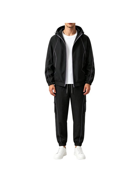 Men's 2 Piece Hooded Windbreaker Suit Jacket and Cargo Pants Lightweight Zip Up Multi Pocket Sports Outfit